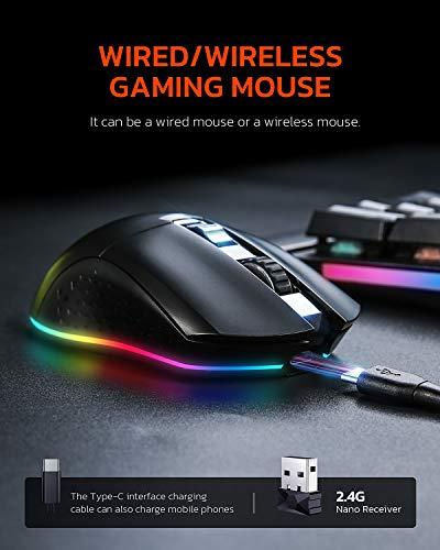 Souris de jeu filaire sans fil DAREU Dual-Mode Rechargeable 7 boutons programmables, 10K DPI, RGB et 7 niveaux de DPI réglables jusqu'à [150IPS] [1000Hz Polling Rate] pour PC Notebook Mac PS4 PS5(Black)