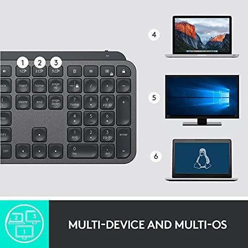 Teclado inalámbrico iluminado Logitech MX Keys Advanced, escritura con respuesta táctil, retroiluminación, Bluetooth, USB-C, Apple macOS, Microsoft Windows, Linux, iOS, Android, construcción metálica - Grafito