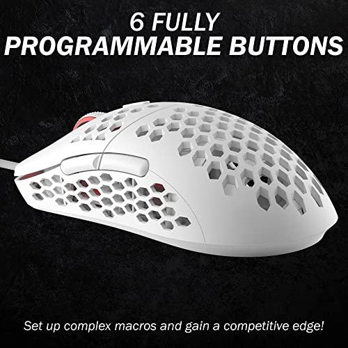 HK Gaming Mira M Ultra Lightweight RGB Gaming Mouse | Honeycomb Shell | 63 Grams | max 12000 cpi | USB Wired | 6 programmierbare Tasten | On-Board Memory | Anti Slip Grips | Mira-M White