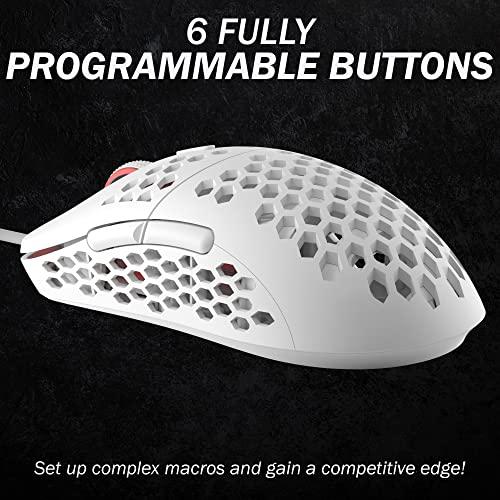 HK Gaming Mira M Ultra Lightweight RGB Gaming Mouse | Honeycomb Shell | 63 Grams | max 12000 cpi | USB Wired | 6 programmierbare Tasten | On-Board Memory | Anti Slip Grips | Mira-M White