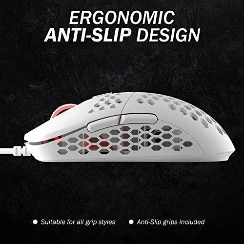 HK Gaming Mira M Ultra Lightweight RGB Gaming Mouse | Coque en nid d'abeille | 63 Grammes | max 12000 cpi | USB Wired | 6 Boutons programmables | Mémoire embarquée | Grips antidérapants | Mira-M White