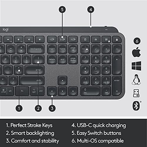 Teclado inalámbrico iluminado Logitech MX Keys Advanced, escritura con respuesta táctil, retroiluminación, Bluetooth, USB-C, Apple macOS, Microsoft Windows, Linux, iOS, Android, construcción metálica - Grafito