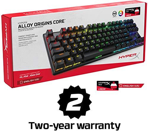 HyperX Alloy Origins Core - Teclado mecánico para juegos sin teclas, personalización de luces y macros controlada por software, factor de forma compacto, retroiluminación LED RGB, interruptor rojo lineal HyperX