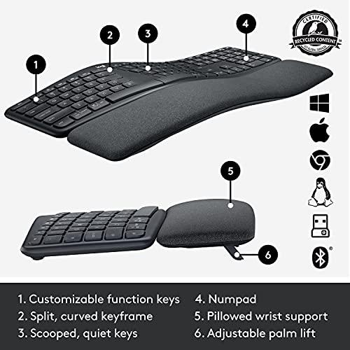 Logitech ERGO K860 Wireless Ergonomic Keyboard - Clavier divisé, repose-poignets, frappe naturelle, tissu résistant aux taches, connectivité Bluetooth et USB, compatible avec Windows/Mac