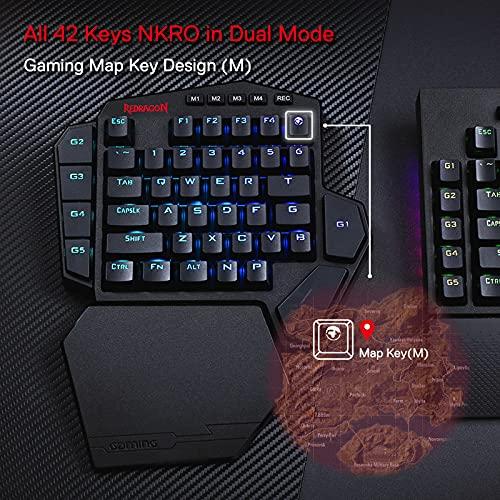 Redragon K585 DITI Teclado mecánico inalámbrico para una sola mano, teclado para juegos de 42 teclas 2.4Ghz RGB 40% con 7 teclas macro incorporadas, soporte de muñeca desmontable, batería duradera (interruptor azul)