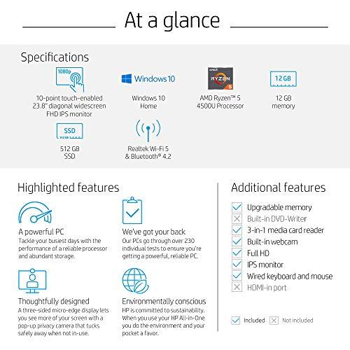 Computer Desktop All-in-One HP da 24 pollici con schermo touchscreen, processore AMD Ryzen 5 4500U, 12 GB di RAM, 512 GB di SSD, Windows 10 Home (24-dp0160, argento)