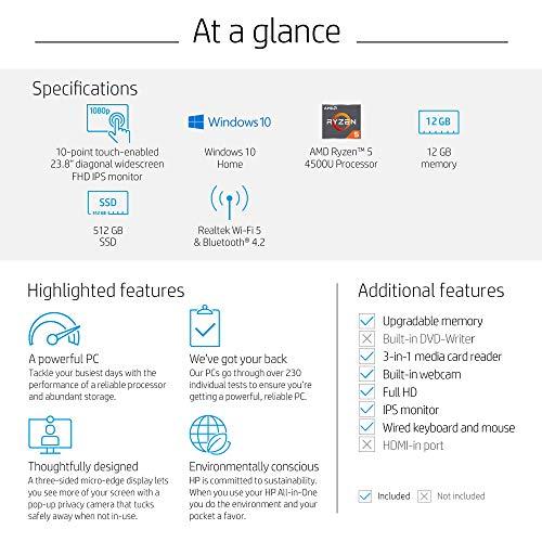 Ordenador de sobremesa HP de 24 pulgadas con pantalla táctil, procesador AMD Ryzen 5 4500U, 12 GB de RAM, 512 GB de SSD, Windows 10 Home (24-dp0160, Plata)