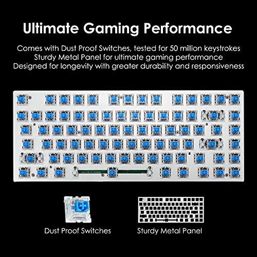 HUO JI 60% Teclado mecánico para juegos, E-Yooso Z-88 con interruptores azules, retroiluminación LED arco iris, compacto de 81 teclas, plateado y blanco