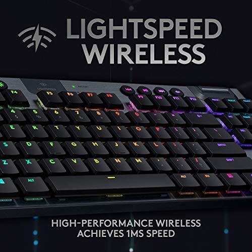 Logitech G915 TKL Tenkeyless Lightspeed Wireless RGB Mechanical Gaming Keyboard, opciones de interruptor de bajo perfil, LIGHTSYNC RGB, soporte inalámbrico avanzado y Bluetooth - Clicky, negro