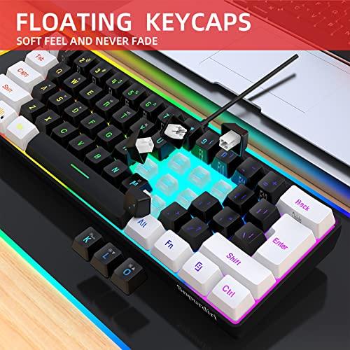 SNPURDIRI Teclado para juegos con cable al 60%, teclado de membrana con retroiluminación RGB pero con sensación mecánica, mini teclado ultracompacto y resistente al agua para PC Gamer Blanco y Negro