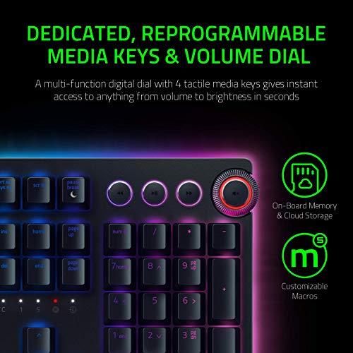 Teclado para juegos Razer Huntsman Elite: Interruptores rápidos del teclado - Interruptores ópticos de clic - Iluminación RGB Chroma - Reposamuñecas magnético de felpa - Teclas multimedia dedicadas y dial - Negro clásico