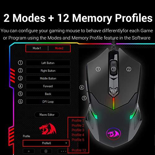 Redragon M601 RGB Gaming Mouse Retroiluminado Con cable Ratón ergonómico de 7 botones programables Centrophorus con grabación de macros y ajuste de peso Set 7200 DPI para Windows PC (Negro)