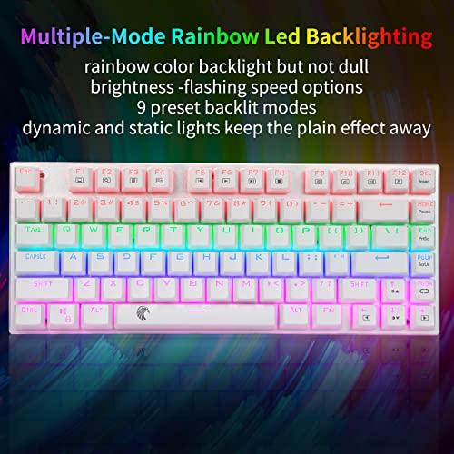 HUO JI 60% Tastiera meccanica da gioco, E-Yooso Z-88 con interruttori blu, retroilluminazione a LED arcobaleno, 81 tasti compatti, argento e bianco