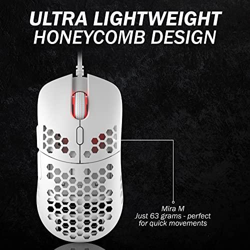 HK Gaming Mira M Ultra Lightweight RGB Gaming Mouse | Coque en nid d'abeille | 63 Grammes | max 12000 cpi | USB Wired | 6 Boutons programmables | Mémoire embarquée | Grips antidérapants | Mira-M White