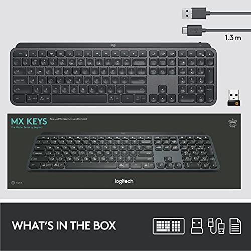 Logitech MX Keys Advanced Clavier éclairé sans fil, frappe tactile, rétroéclairage, Bluetooth, USB-C, Apple macOS, Microsoft Windows, Linux, iOS, Android, Metal Build - Graphite