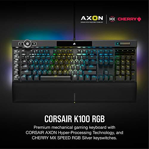 Teclado mecánico para juegos Corsair K100 RGB - Teclas CHERRY MX SPEED RGB Silver - Tecnología AXON Hyper-Processing para un rendimiento 4 veces más rápido - LightEdge RGB de 44 zonas - Tapas de teclado PBT Double-Shot