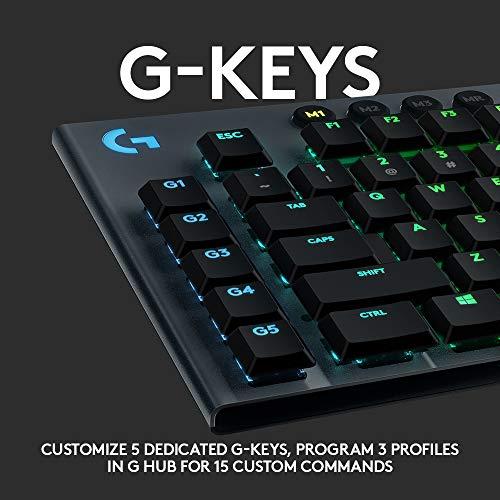 Logitech G815 LIGHTSYNC RGB Teclado mecánico para juegos con interruptor de teclas táctiles GL de perfil bajo, 5 teclas G programables, USB Passthrough, control multimedia dedicado - Lineal, Negro