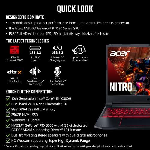 Acer Nitro 5 AN515-55-53E5 Gaming Laptop | Intel Core i5-10300H | NVIDIA GeForce RTX 3050 Laptop GPU | 15,6" FHD 144Hz IPS Display | 8GB DDR4 | 256GB NVMe SSD | Intel Wi-Fi 6 | Podświetlana klawiatura