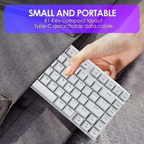 HUO JI 60% Teclado mecánico para juegos, E-Yooso Z-88 con interruptores azules, retroiluminación LED arco iris, compacto de 81 teclas, plateado y blanco