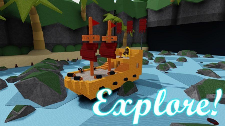 Un barco construido con bloques navega por un océano tropical plagado de rocas