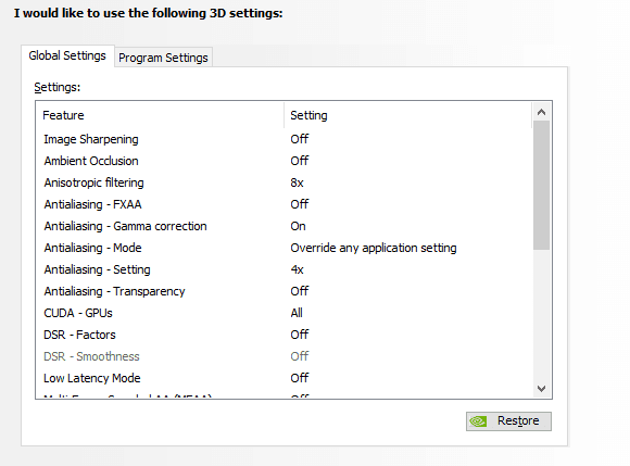 Le menu des paramètres 3D du panneau de configuration de Nvidia Manage 3D