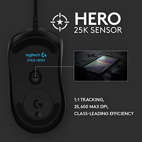 Logitech G403 Hero 25K Gaming Mouse, Lightsync RGB, ligero 87G+10G opcional, cable trenzado, 25, 600 DPI, agarres laterales de goma