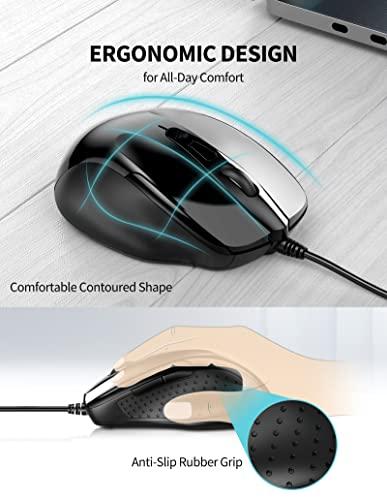 TECKNET 6-Button USB Wired Mouse with Side Buttons, Optical Computer Mouse with 1000/2000DPI, Ergonomic Design, 5ft Cord, Support Laptop Chromebook PC Desktop Mac Notebook-Black