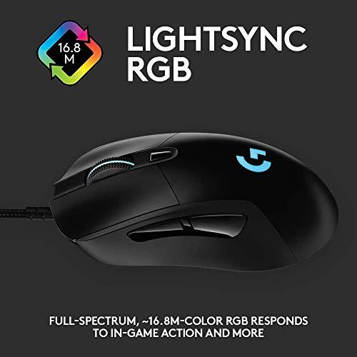 Logitech G403 Hero 25K Gaming Mouse, Lightsync RGB, ligero 87G+10G opcional, cable trenzado, 25, 600 DPI, agarres laterales de goma