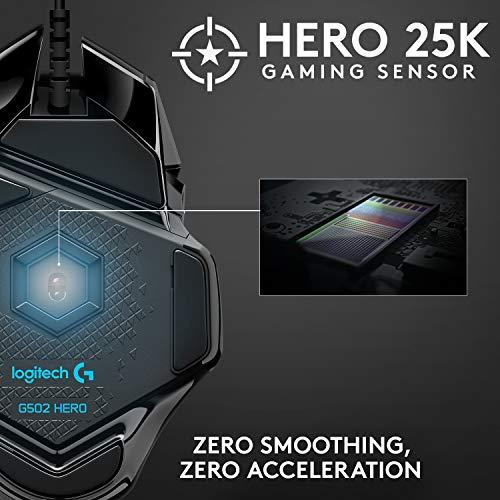 Logitech G502 HERO Ratón de juego con cable de alto rendimiento, sensor HERO 25K, 25.600 PPP, RGB, pesos ajustables, 11 botones programables, memoria integrada, PC / Mac