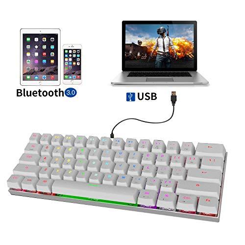Motospeed Bluetooth/Kabelgebundene 60% Mechanische Tastatur- 61 Tasten Multi Color RGB LED Hintergrundbeleuchtung Typ-C Gaming/Büro Tastatur für PC/Mac Gamer (Blauer Schalter, Weiß)