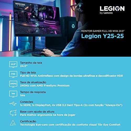 Lenovo Legion Y25-25 Monitor LCD FHD de 24,5 pulgadas para juegos, 16:9, retroiluminado por LED, AMD FreeSync Premium, 240Hz, 1ms de tiempo de respuesta