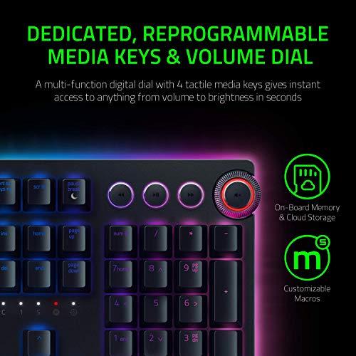 Razer Huntsman Elite Gaming Keyboard: Szybkie przełączniki klawiatury - przełączniki optyczne Clicky - oświetlenie Chroma RGB - magnetyczna podkładka pod nadgarstki - dedykowane klawisze multimedialne i pokrętło - klasyczna czerń