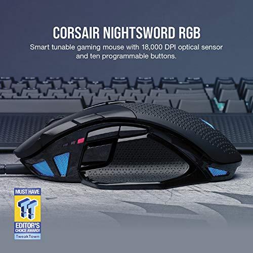 Corsair Nightsword RGB - komfortowa mysz z regulacją wydajności FPS/MOBA z podświetleniem RGB LED, 18000 DPI, czarna