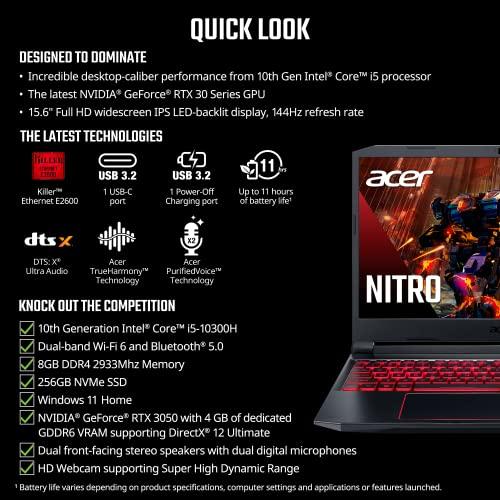 Acer Nitro 5 AN515-55-53E5 Gaming Laptop | Intel Core i5-10300H | NVIDIA GeForce RTX 3050 Laptop GPU | 15.6" FHD 144Hz IPS Display | 8GB DDR4 | 256GB NVMe SSD | Intel Wi-Fi 6 | Beleuchtete Tastatur