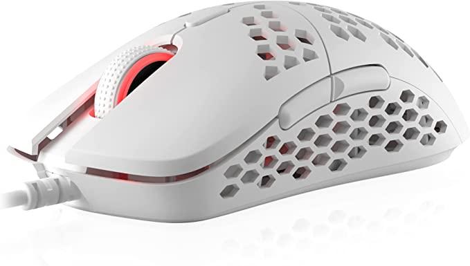 HK Gaming Mira M Ultra Lightweight RGB Gaming Mouse | Coque en nid d'abeille | 63 Grammes | max 12000 cpi | USB Wired | 6 Boutons programmables | Mémoire embarquée | Grips antidérapants | Mira-M White