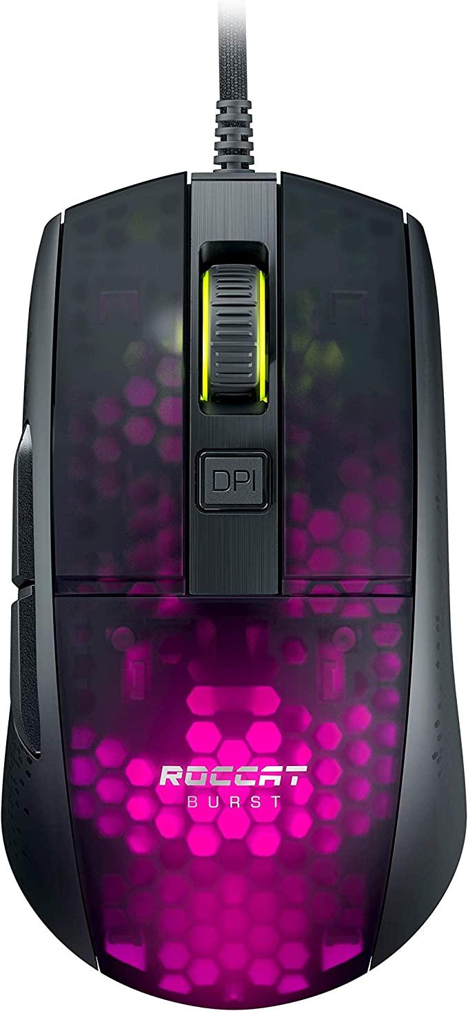 ROCCAT Burst Pro PC Gaming Maus, Optische Schalter, superleichte, ergonomische, kabelgebundene Computermaus, RGB-Beleuchtung, Titan-Scrollrad, Honeycomb-Gehäuse, Krallengriff, Eulenaugensensor, 16K DPI, Schwarz