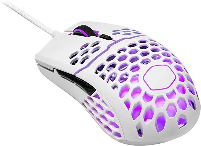 Cooler Master MM711 60G Glossy White Gaming Mouse avec coque légère en nid d'abeille, câble Ultraweave, capteur optique 16000 DPI et accents RGB