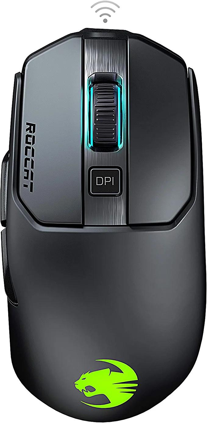 ROCCAT Kain 200 kabellose PC-Gaming-Maus, AIMO RGB-Hintergrundbeleuchtung, optischer Owl-Eye-Sensor, ergonomisches Mausgefühl, 5 seitliche Tasten, einstellbar bis zu 16.000 DPI, bis zu 50 Stunden Akkulaufzeit, schwarz