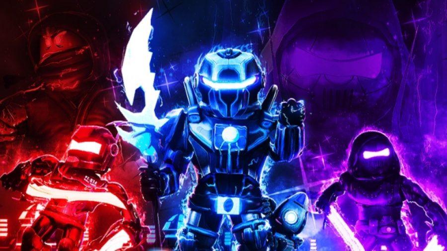 Ein roter Krieger, ein lila Krieger und ein blauer Krieger tragen alle verschiedene Waffen und Hightech-Rüstungen