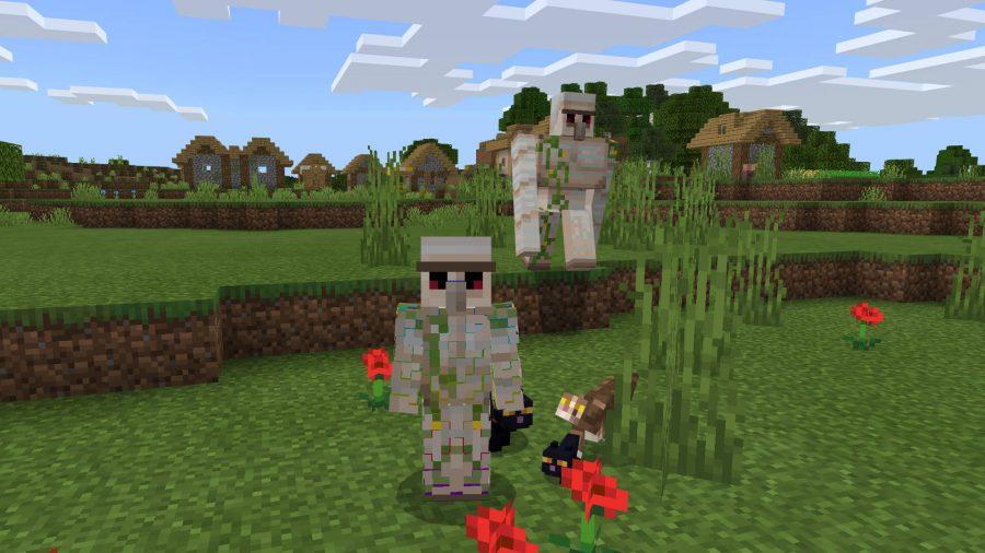 Der Spieler hat einen Golem-Skin in Minecraft. Er steht neben einem echten Golem und einem Haufen von Katzen.